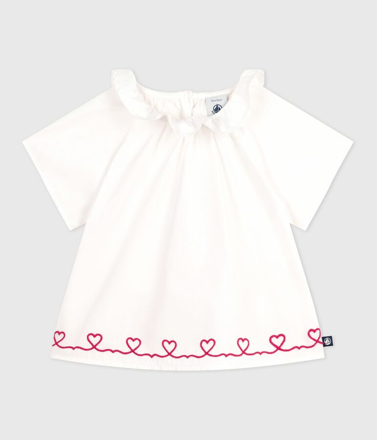 Blouse b&eacute;b&eacute; en popeline de coton manches courtes, brod&eacute;e c&oelig;urs blanc