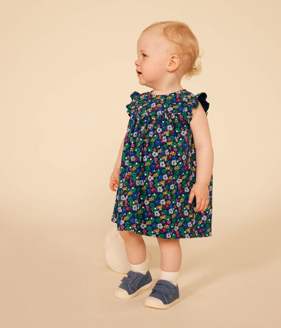 Gestreepte jurk zonder mouwen in lichte jersey voor baby's blauw MEDIEVAL/wit MULTICO