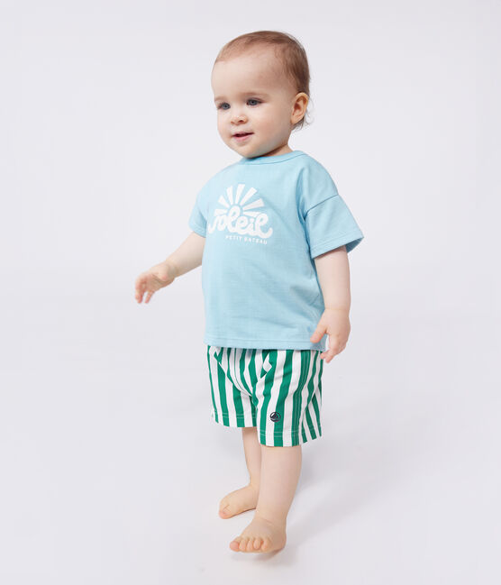 Effen katoenen T-shirt met korte mouwen voor baby's blauw AQUATIC