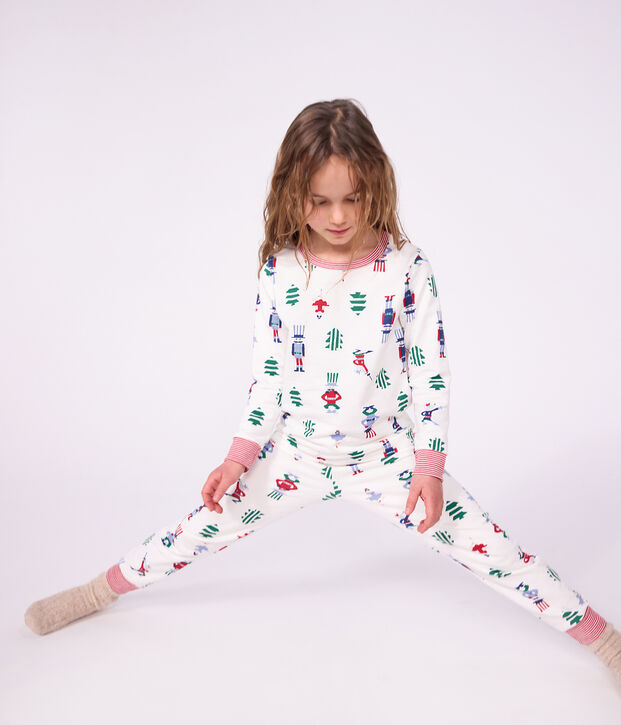 Pyjama enfant en molleton imprim&eacute; No&euml;l blanc/multicouleur