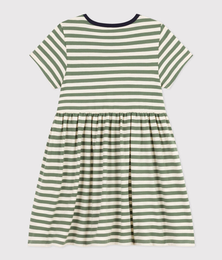 Robe ray&eacute;e manches courtes en coton enfant fille vert/&eacute;cru
