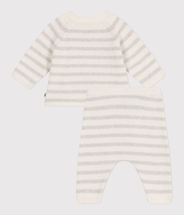 Ensemble b&eacute;b&eacute; deux pi&egrave;ces en tricot laine et coton blanc/beige
