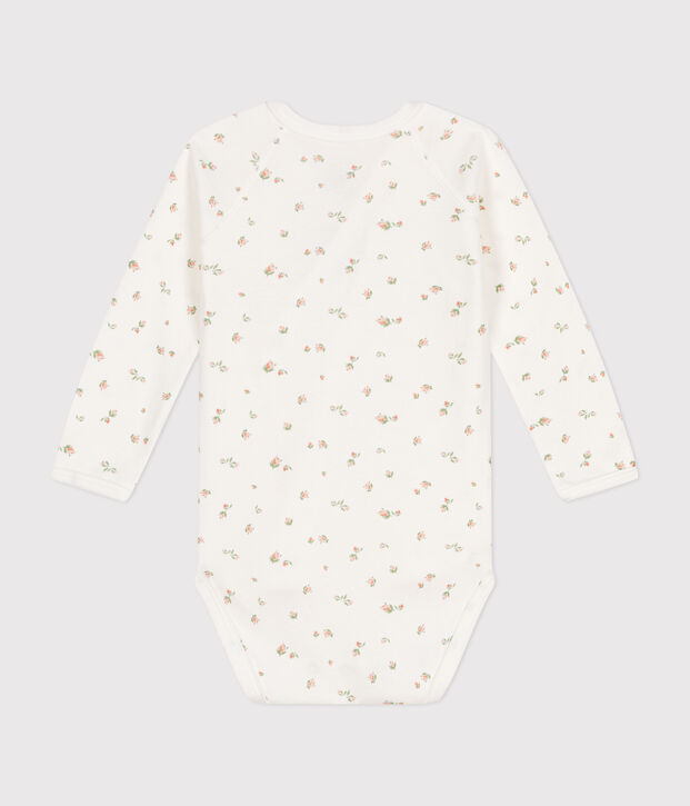 Katoenen overslagbody met lange mouwen voor baby's wit/roze