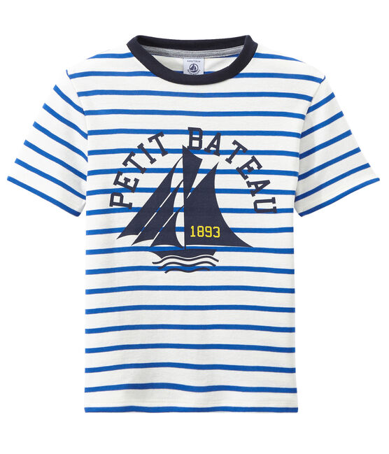 Gestreept jongens-T-shirt met opdruk wit MARSHMALLOW/blauw PERSE