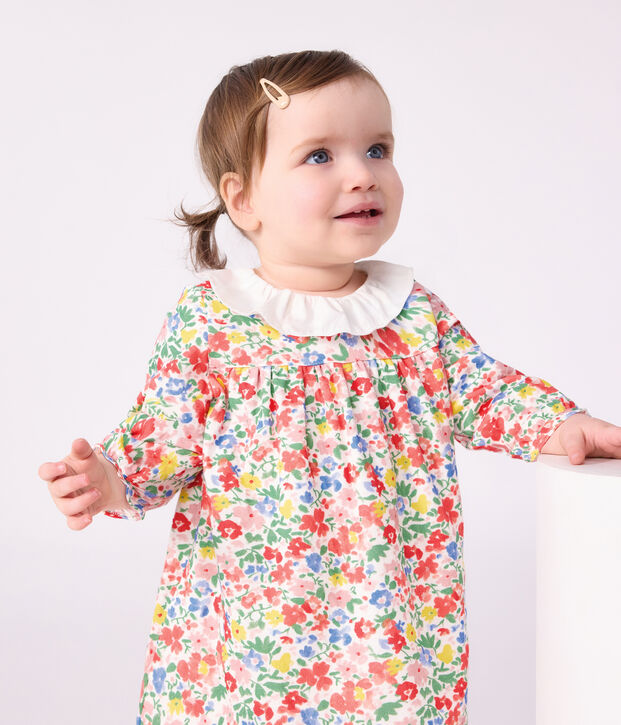 Katoenen babyjurkje met lange mouwen en bloemenprint wit/multicouleur
