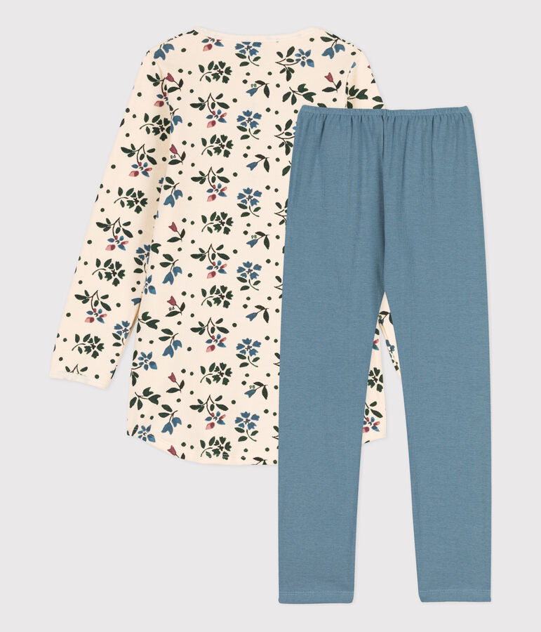 Chemise de nuit et legging fleur petite fille en molleton et en coton &eacute;cru/multicouleur