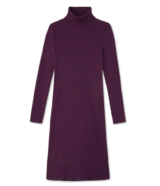 Gestreepte damesjurk met rolkraag in ultralicht katoen rood CLAFOUTI/blauw MEDIEVAL