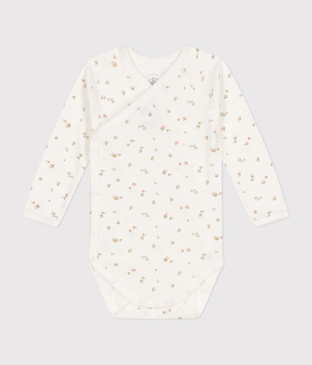 Katoenen overslagbody met lange mouwen voor baby's wit/roze