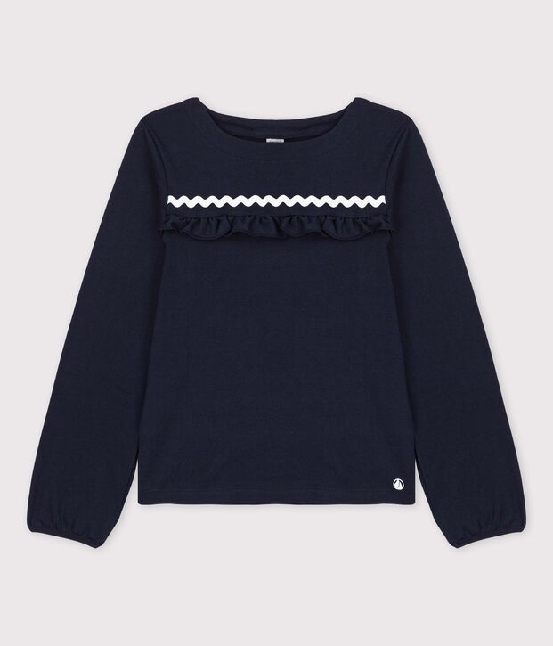 Tee-shirt manches longues en coton enfant fille bleu marine