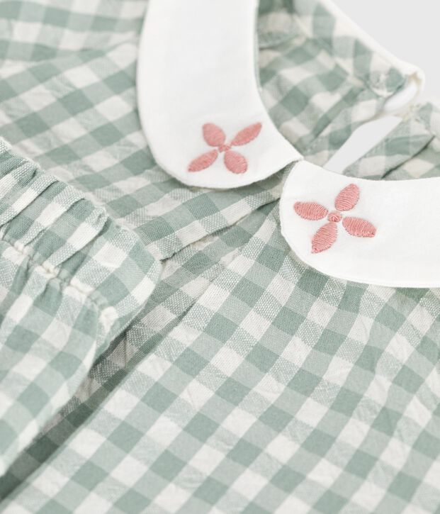 Ensemble b&eacute;b&eacute; deux pi&egrave;ces en coton, blouse et short vichy vert/blanc