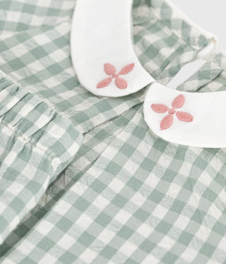 Ensemble b&eacute;b&eacute; deux pi&egrave;ces en coton, blouse et short vichy vert/blanc