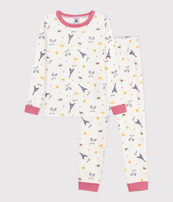 Pyjama enfant en coton jambes très ajustées imprimé blanc MARSHMALLOW/blanc MULTICO