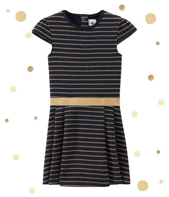 Robe enfant fille en double jersey bleu SMOKING/jaune DORE