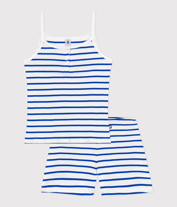 Korte, gestreepte damespyjama met bandjes van katoen wit/blauw