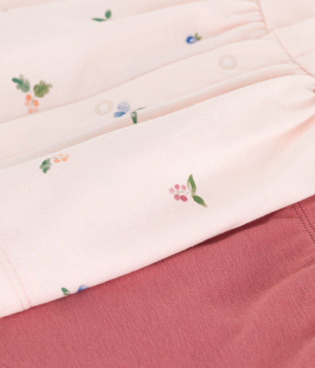 Tweedelig katoenen geboortesetje met bloesje met ruche roze/multicouleur