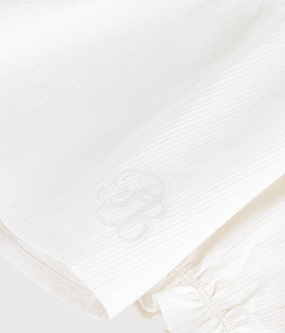 Blouse bébé en popeline de coton manches longues, à col et brodée blanc ECUME