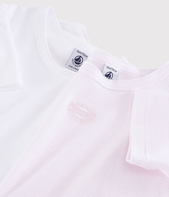Set van 2 T-shirts van ribstof met korte mouwen en dunne, roze strepen voor meisjes variante 1