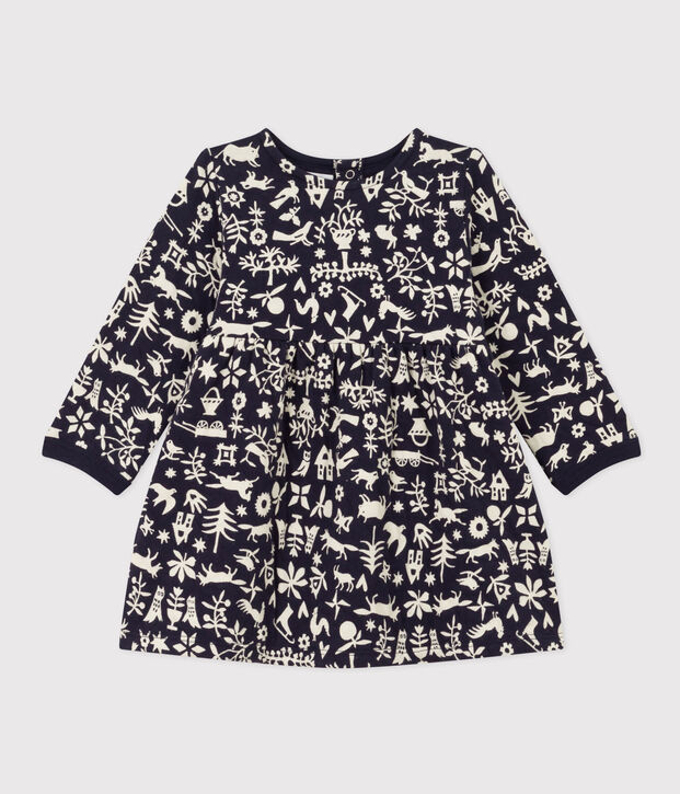 Jurk met lange mouwen in doorgestikte tubic met print voor baby's blauw/ecru