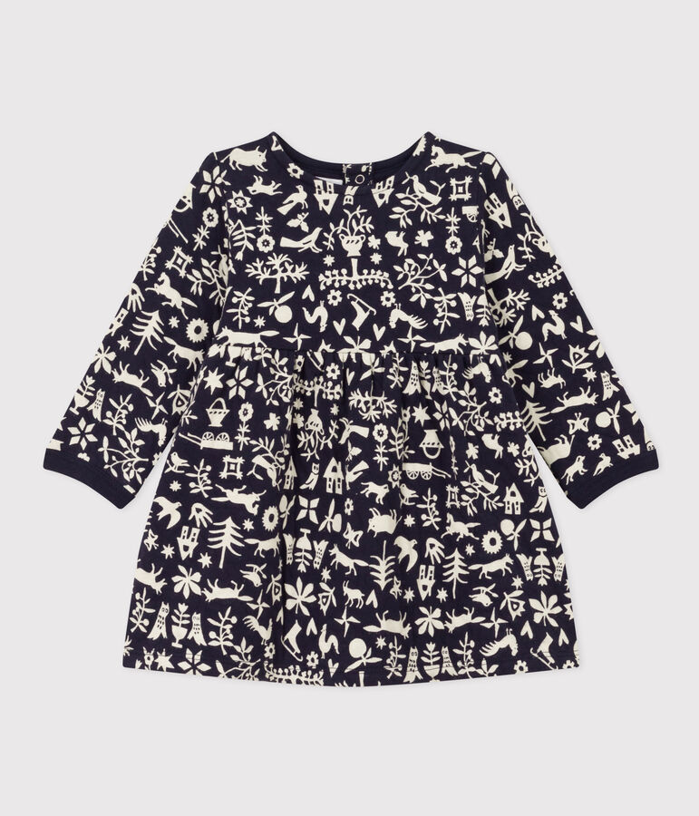 Jurk met lange mouwen in doorgestikte tubic met print voor baby's blauw/ecru