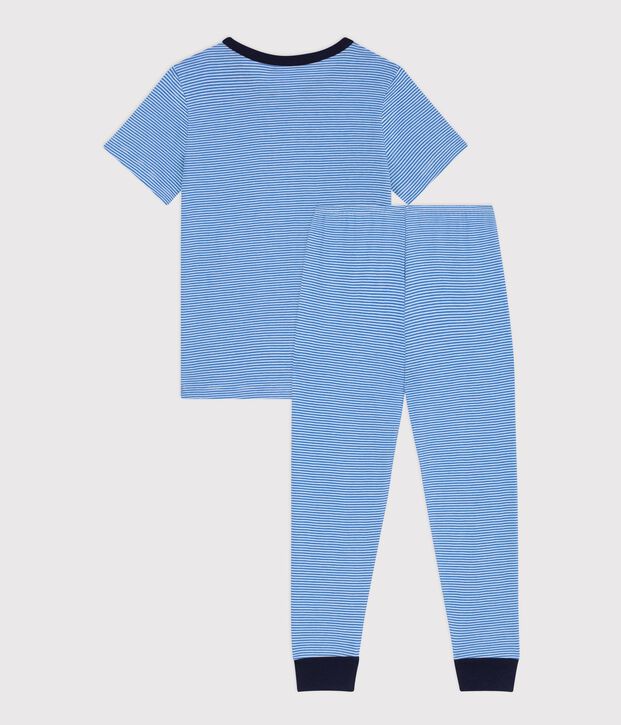Pyjama enfant en coton manches courtes jambes longues ray&eacute; bleu/blanc