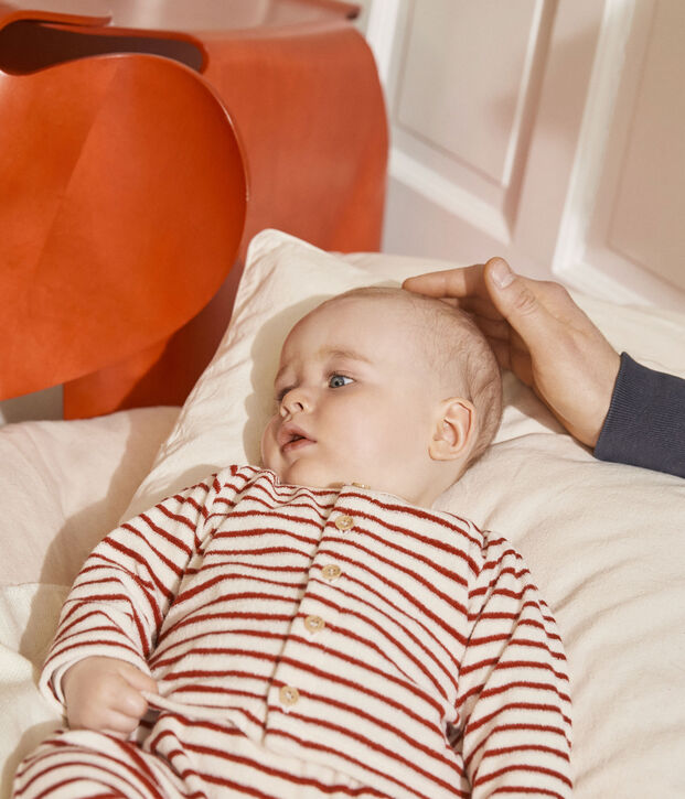 Ensemble b&eacute;b&eacute; 2 pi&egrave;ces ray&eacute; en bouclette &eacute;ponge &eacute;cru/rouge
