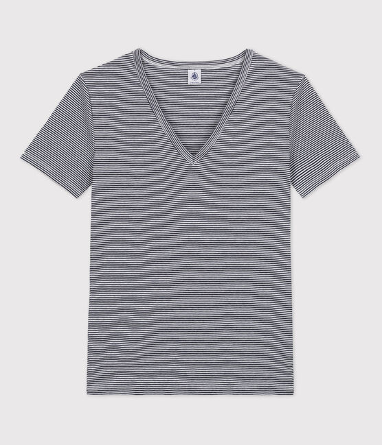 Tee-shirt L'ICONIQUE col V en coton Femme bleu SMOKING/blanc MARSHMALLOW