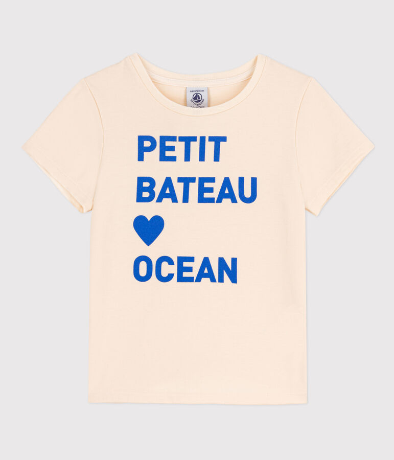 Tee-shirt imprim&eacute; manches courtes enfant fille &eacute;cru/bleu
