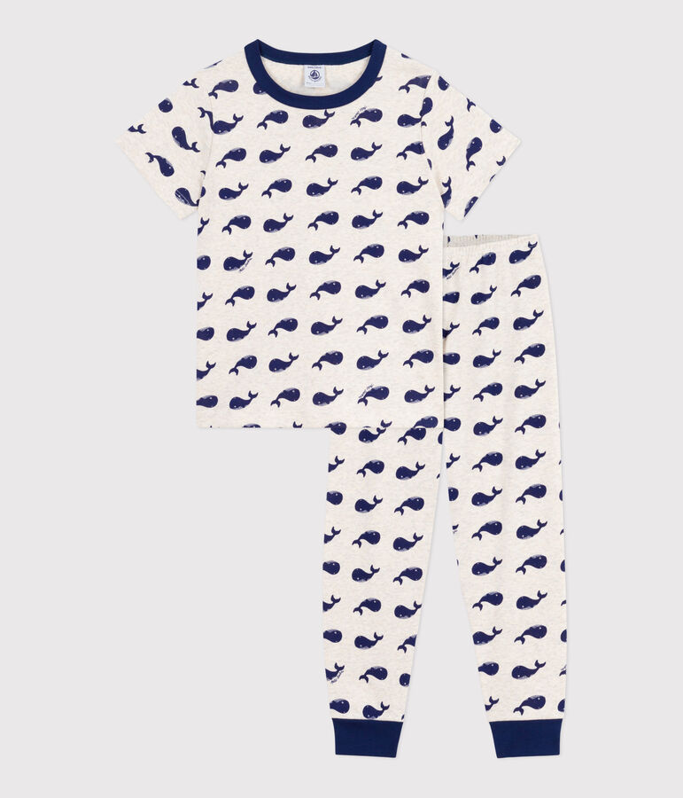 Katoenen kinderpyjama met korte mouw en lange pijpen met print beige/blauw