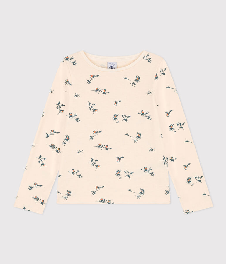 Gebloemd katoenen t-shirt met lange mouwen voor meisjes ecru/multicouleur