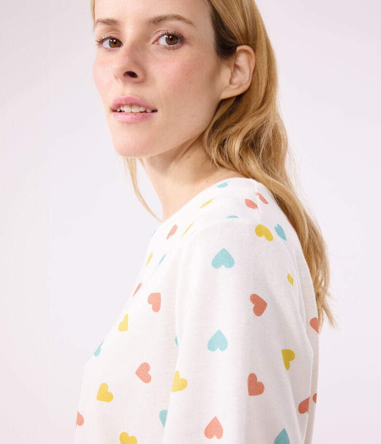 Korte katoenen damespyjama met hartjesprint wit/multicouleur
