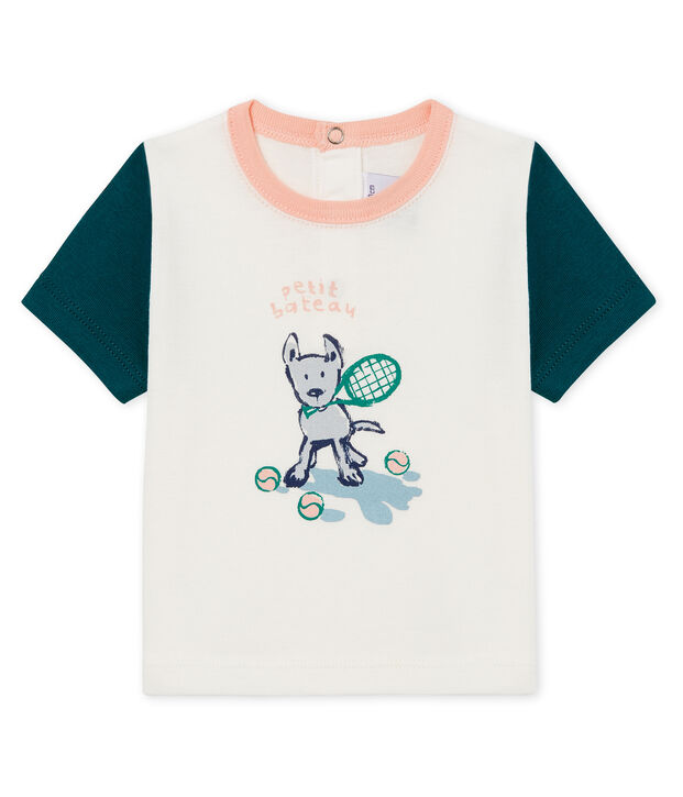 T-shirt met motiefje en korte mouwen voor babyjongens wit/groen