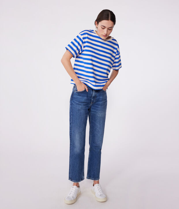 Gestreept katoenen T-shirt voor dames Le Boxy ecru/multicouleur