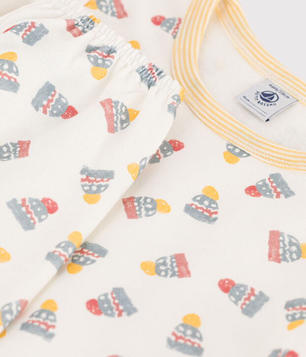 Pyjama imprim&eacute; bonnet en molleton blanc/multicouleur