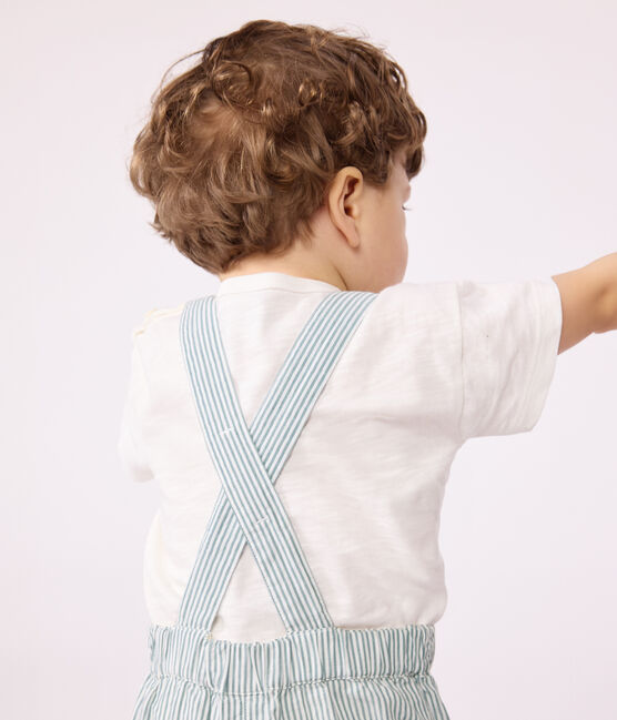 Gestreepte salopette met korte pijpen van katoen voor baby's wit MARSHMALLOW/blauw BRUT