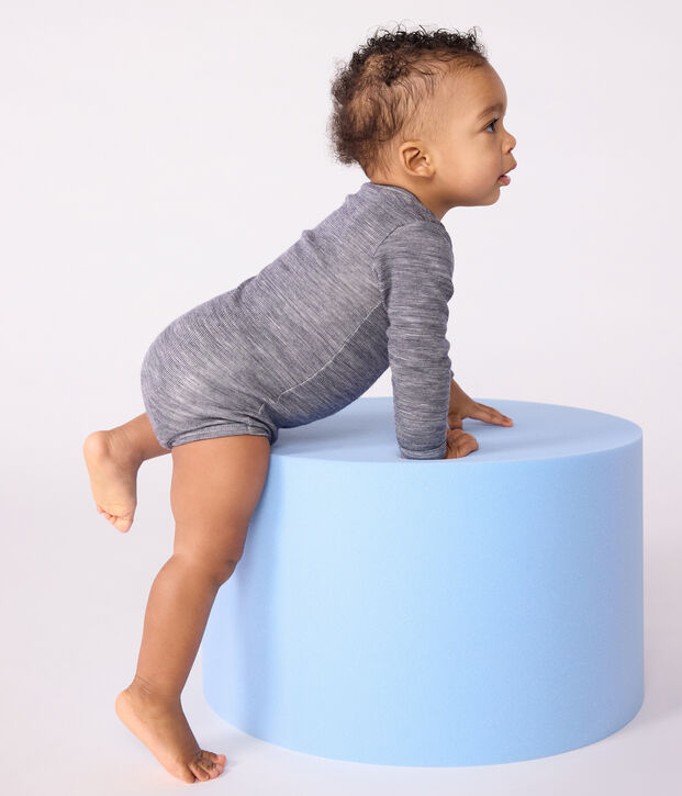 Body manches longues b&eacute;b&eacute; en laine et coton bleu/blanc