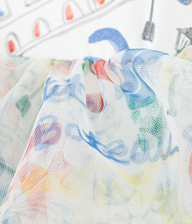 Kinderjurkje van katoen en tule met korte mouwen en print wit/multicouleur
