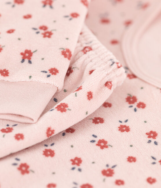 Fluwelen meisjespyjama met bloemetje roze SALINE/wit MULTICO