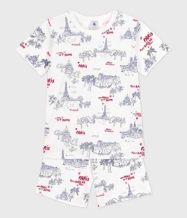 Korte pyjama in katoen voor jongens/meisjes wit/multicouleur