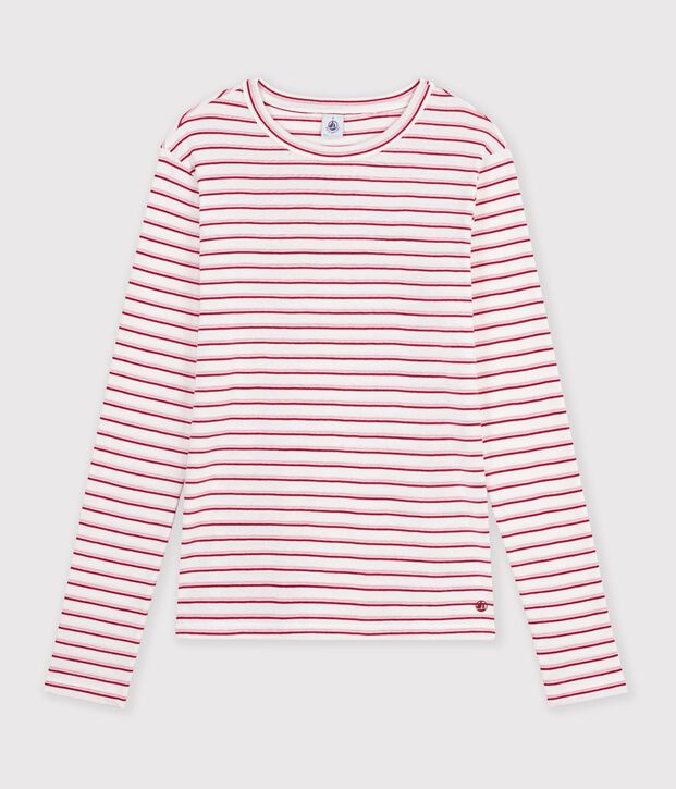 Gestreept katoenen T-shirt met lange mouwen voor dames wit/rood