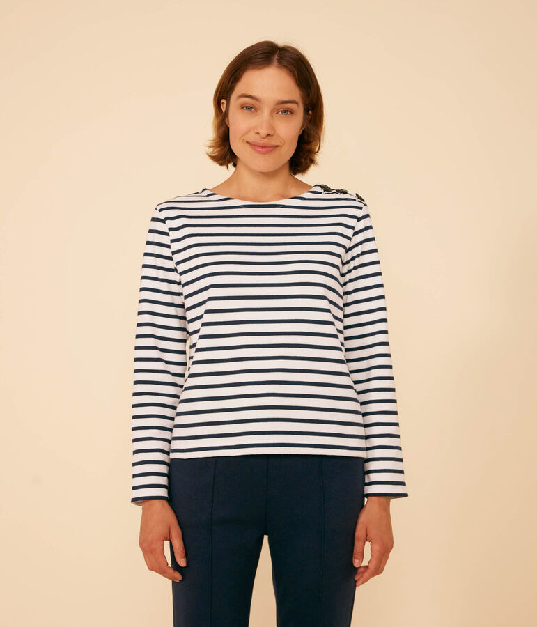 Katoenen marineshirt met knopen voor dames wit/blauw