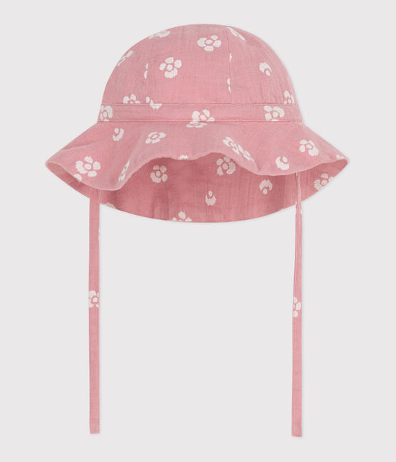 Capeline bébé fille en gaze de coton à fleurs roses rose CHARME/blanc MARSHMALLOW