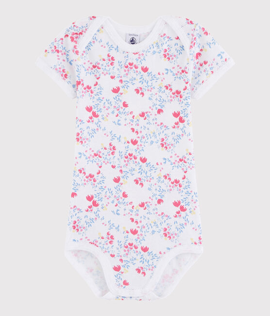 Rompertje met korte mouwen babymeisje wit ECUME/roze ROSE/ MULTICO