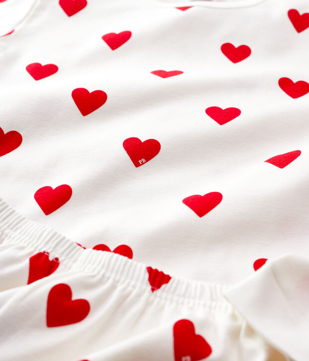 Pyjama enfant en coton imprim&eacute; c&oelig;urs blanc/rouge