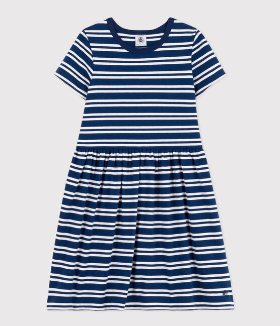 Robe rayée manches courtes en coton enfant fille bleu MEDIEVAL/blanc MARSHMALLOW