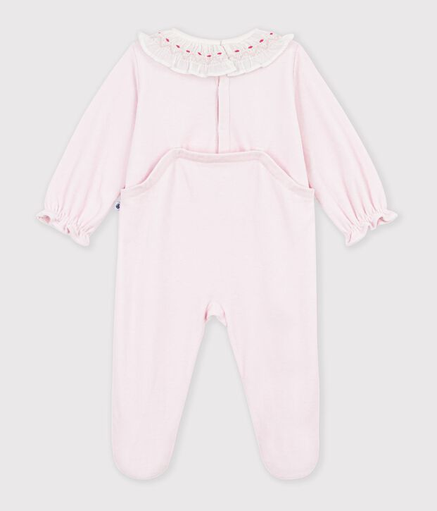 Pyjama b&eacute;b&eacute; en velours avec collerette et ouverture dos uni rose clair