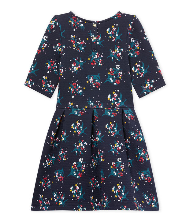 Robe fille manches 3/4 en tubique matelass&eacute; bleu/multicouleur