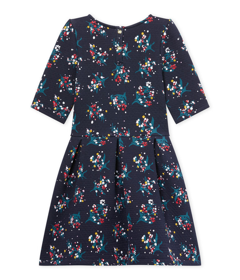 Robe fille manches 3/4 en tubique matelass&eacute; bleu/multicouleur