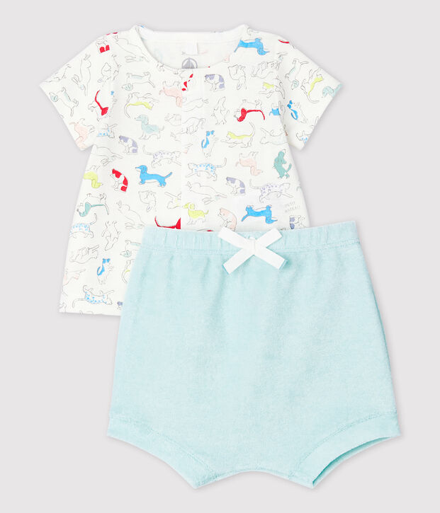 Ensemble 2 pi&egrave;ces chiots color&eacute;s b&eacute;b&eacute; en bouclette &eacute;ponge et en coton biologique blanc/multicouleur