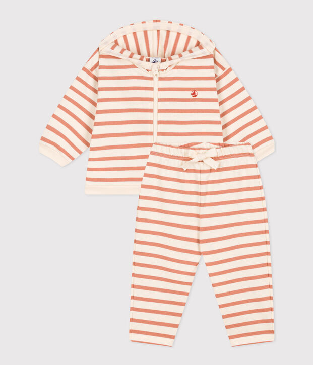 Ensemble voor baby's van dik jerseykatoen met strepen ecru/roze