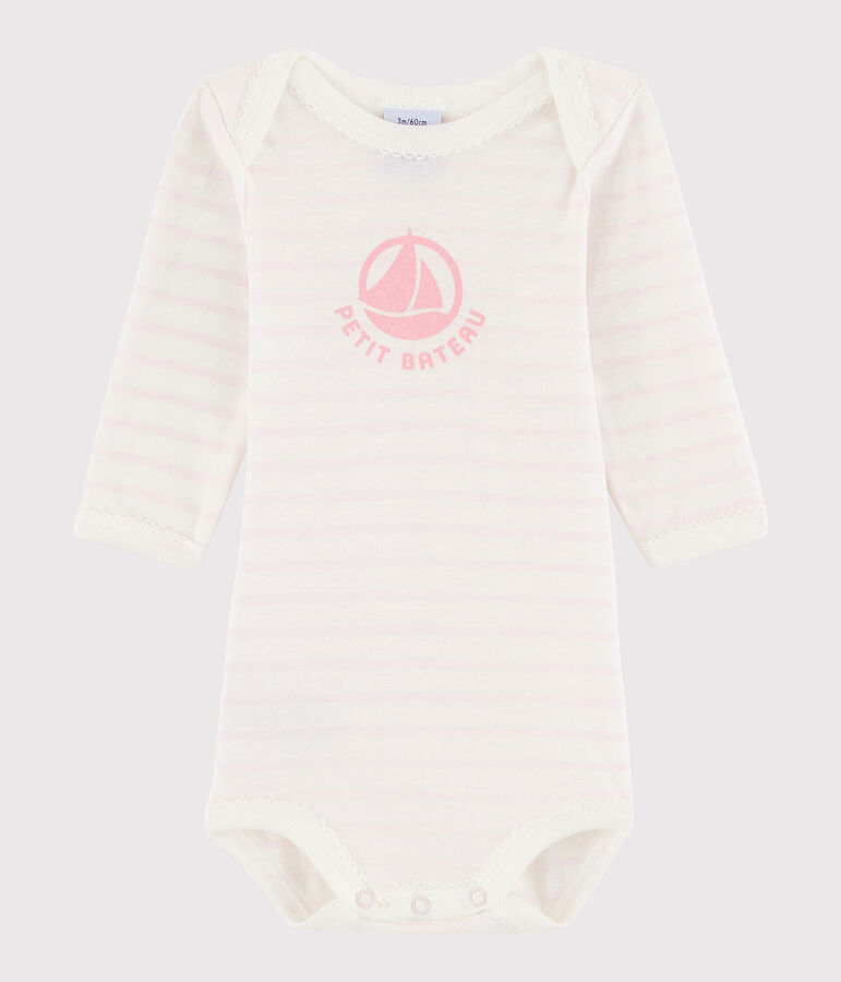 Body manches longues b&eacute;b&eacute; fille blanc MARSHMALLOW/rose VIENNE